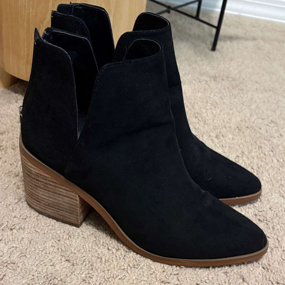 Black Suede Cutout Ankle Booties with Stacked Heel
